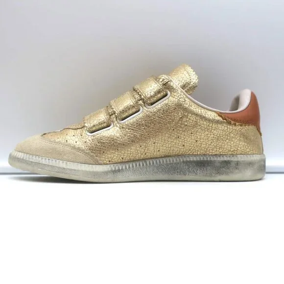 Isabel Marant Beth Lightning Bolt Sneakers Gold Metallic Cracked Leather Size 37 - Picture 8 of 13